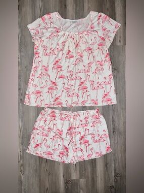 Green Cotton Garnet Hill Flamingo Short Sleeve Pajama Set Top Medium White Pink